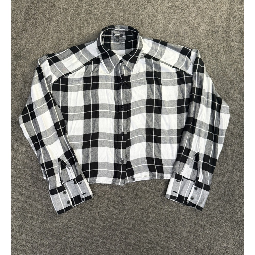 Express Boyfriend Portofino Plaid Button Down Shirt Black White Cropped Small